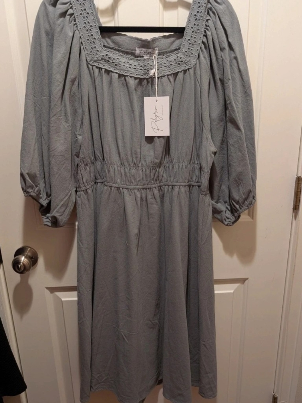 Polagram Light Gray/Stone Blue Puff-Sleeve Midi Dress with Lace Square Neck